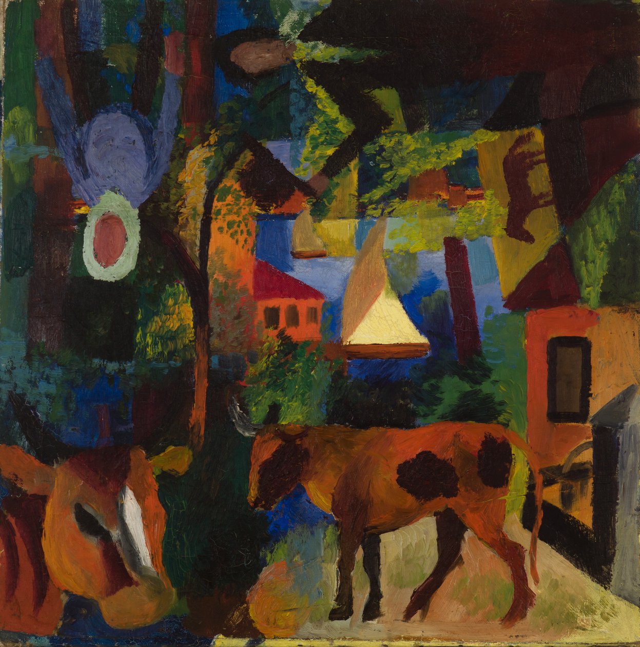 Paisaje con vacas, velero y figuras pintadas de August Macke