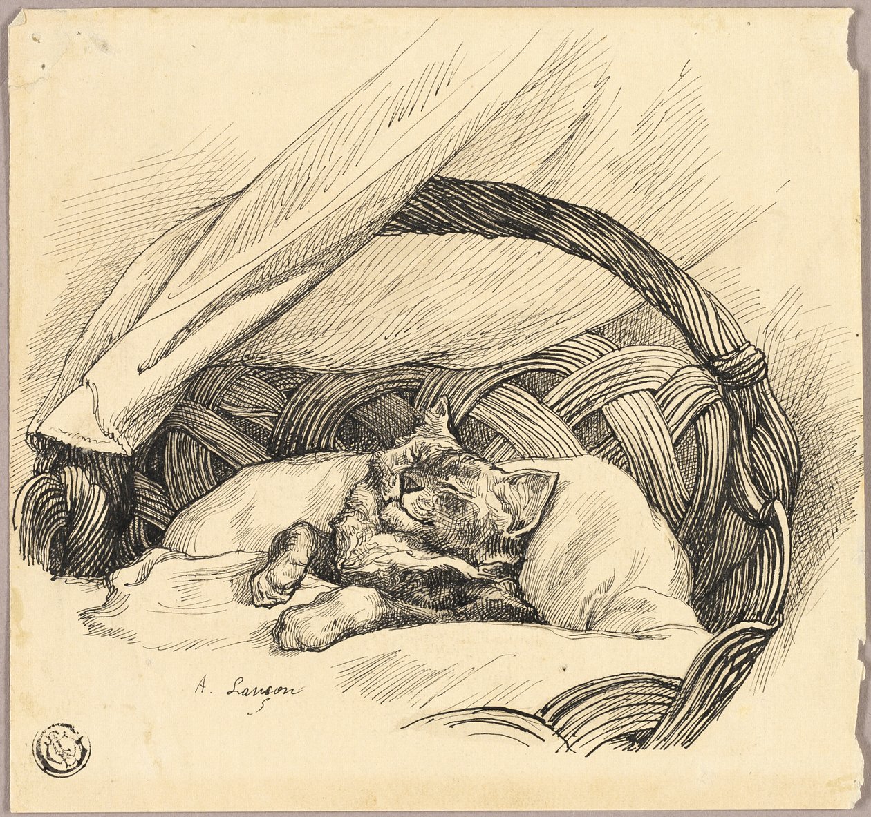 Gato dormido en una cesta de Auguste Andre Lancon
