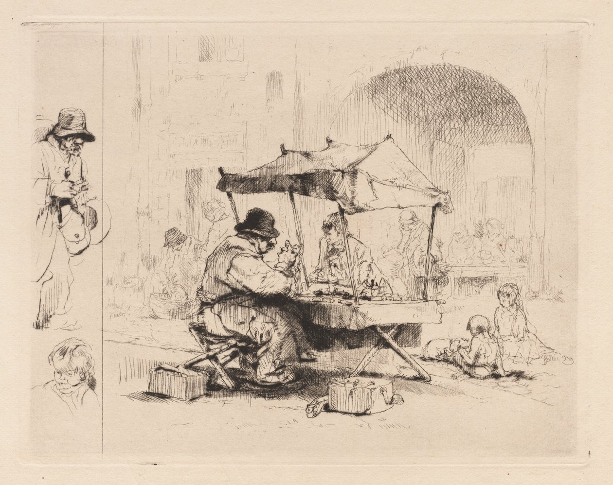 [Comerciante en su puesto con niños jugando] de Auguste Brouet