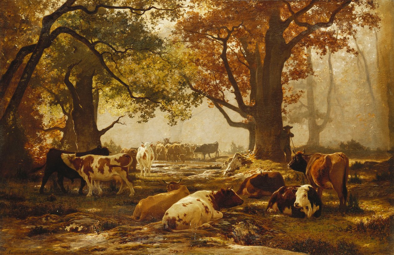 Ganado en un paisaje fluvial boscoso de Auguste Francois Bonheur