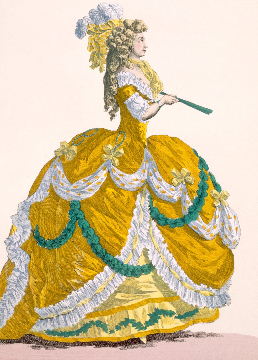 Vestido de corte para damas en seda amarilla con ribete fruncido blanco y verde, grabado por Dupin, placa no.274 de 