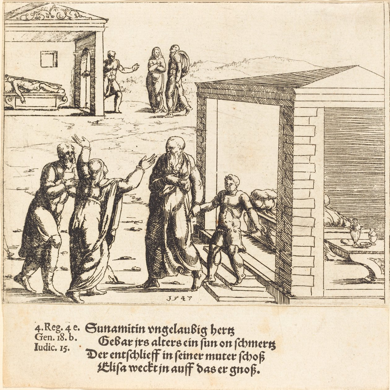Eliseo resucita al hijo de la sunamita de Augustin Hirschvogel