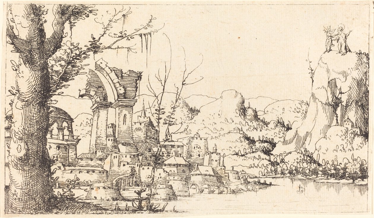Paisaje fluvial con la tentación de Cristo de Augustin Hirschvogel