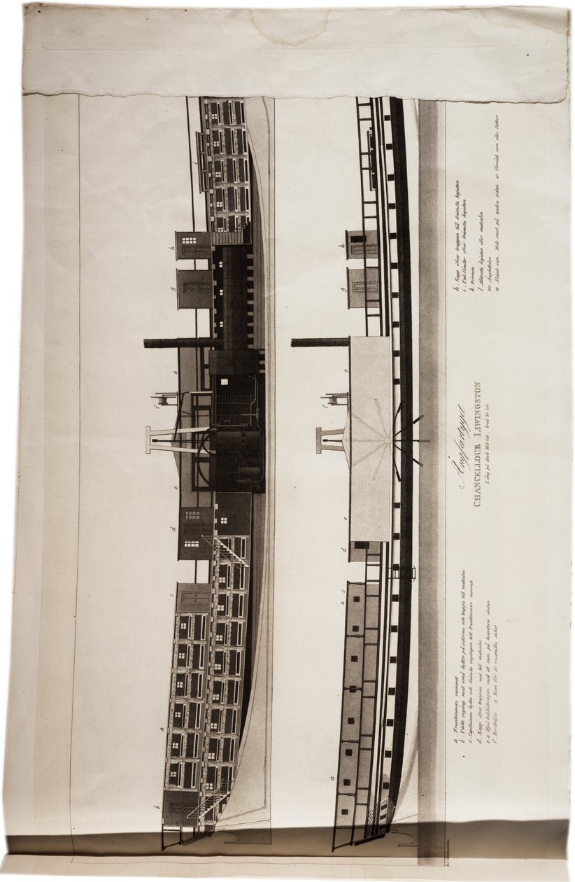 Vistas en corte del barco de vapor de Fulton, el Chancellor Livingston, de un Atlas de los Estados Unidos, 1824 de Axel Leonhard Klinckowström