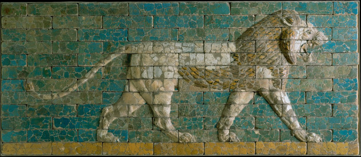 Panel con león caminando, c.600-575 a.C. (cerámica vidriada) de Babylonian