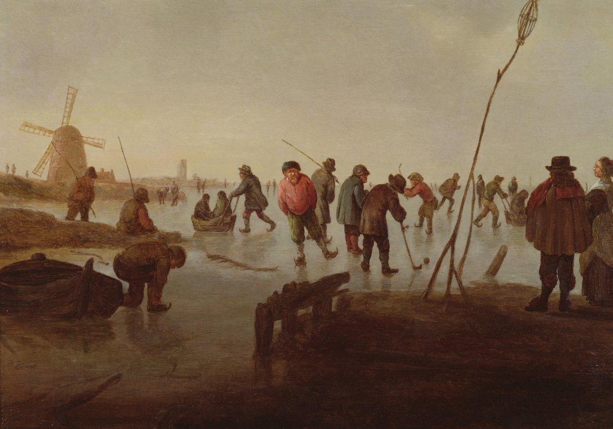 Figuras patinando en una vía fluvial congelada, siglo XVII de Barent Avercamp