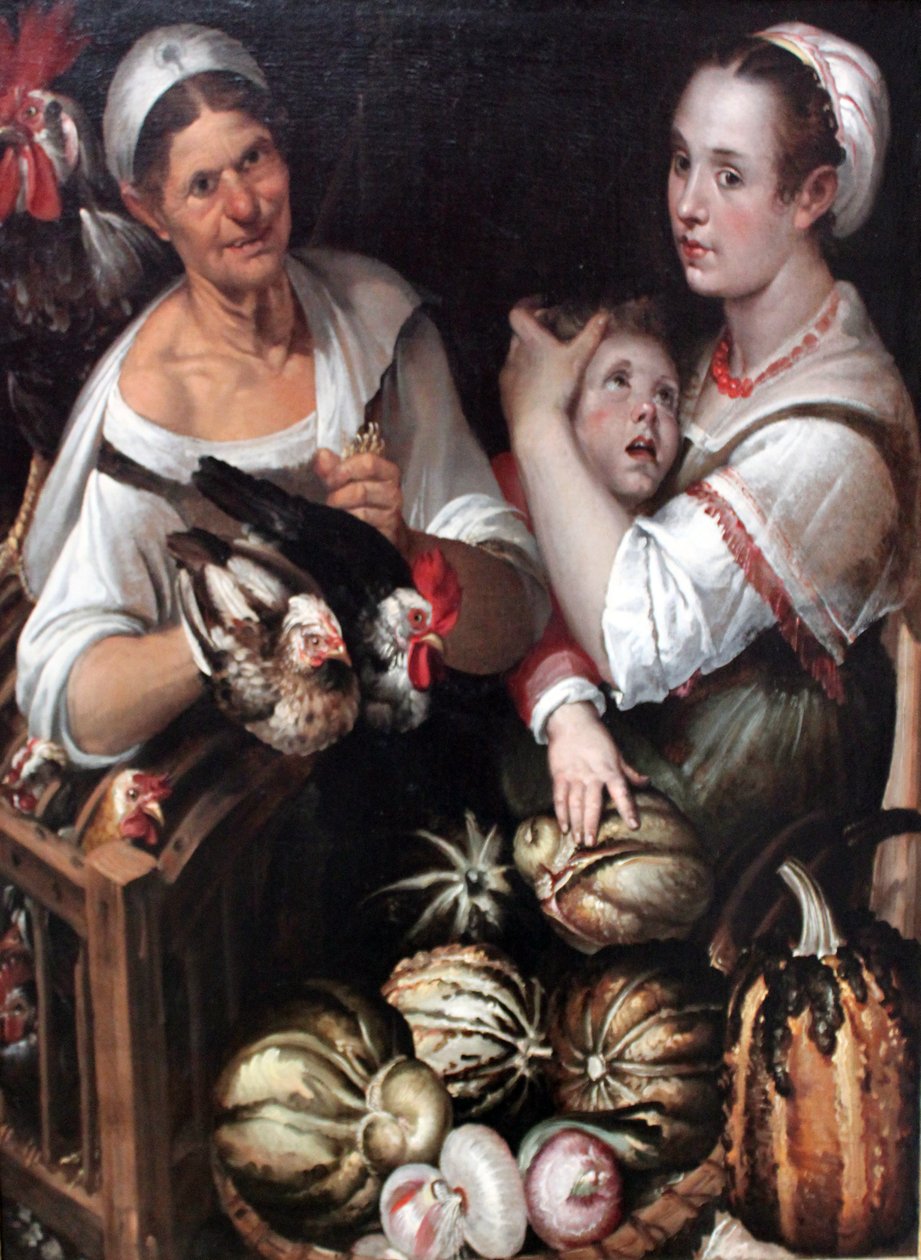 Dos mujeres del mercado y un niño con aves y verduras de Bartolomeo Passarotti