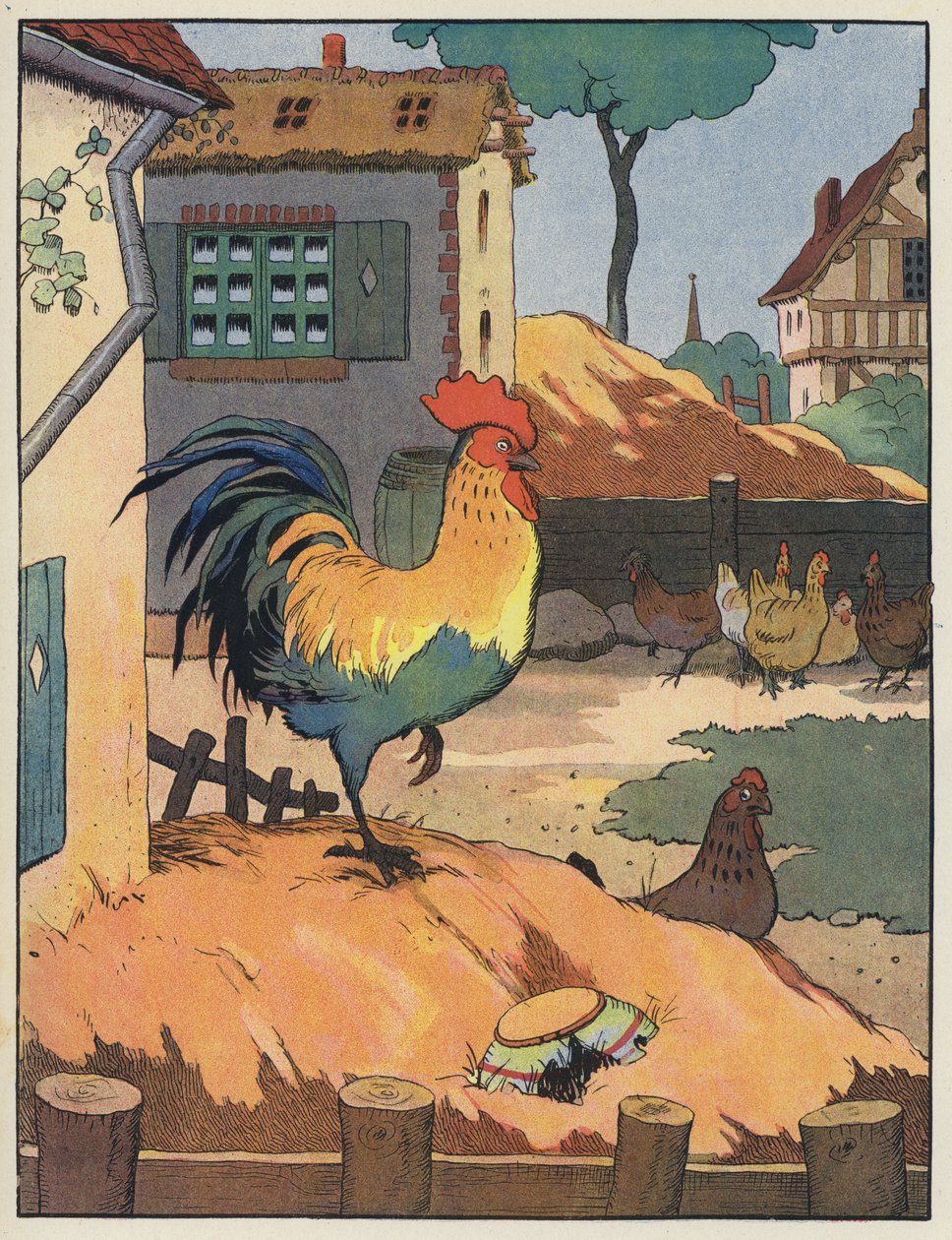 Gallo y gallinas en un corral de Benjamin Rabier