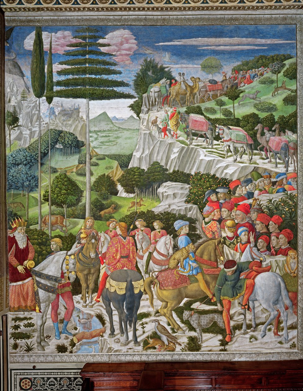 El Viaje de los Magos a Belén, la pared izquierda de la capilla, c.1460 de Benozzo di Lese di Sandro Gozzoli