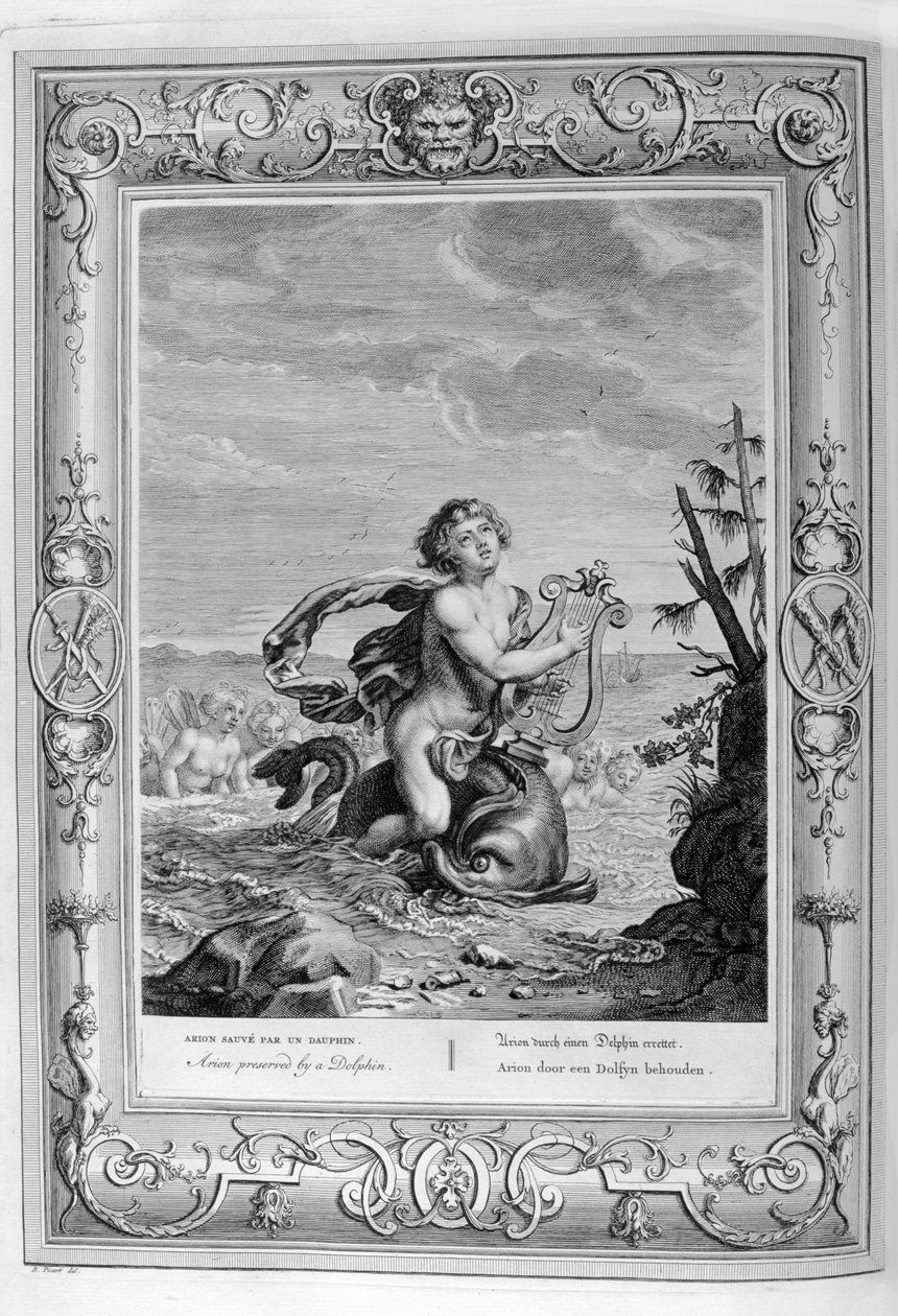 Arion en el delfín (grabado) de Bernard Picart