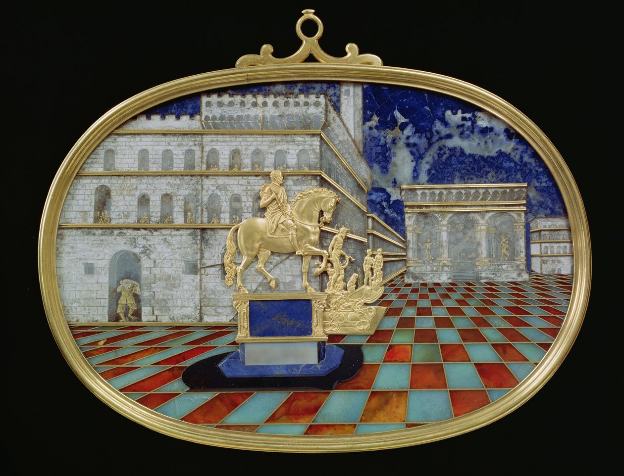 Mosaico en miniatura de una plaza italiana, probablemente Florencia, con bronces y una estatua ecuestre, mosaico de Gaffuri y relieves dorados de Bilivelt de Bernardino and Bilivert, Jacopo Gaffuri