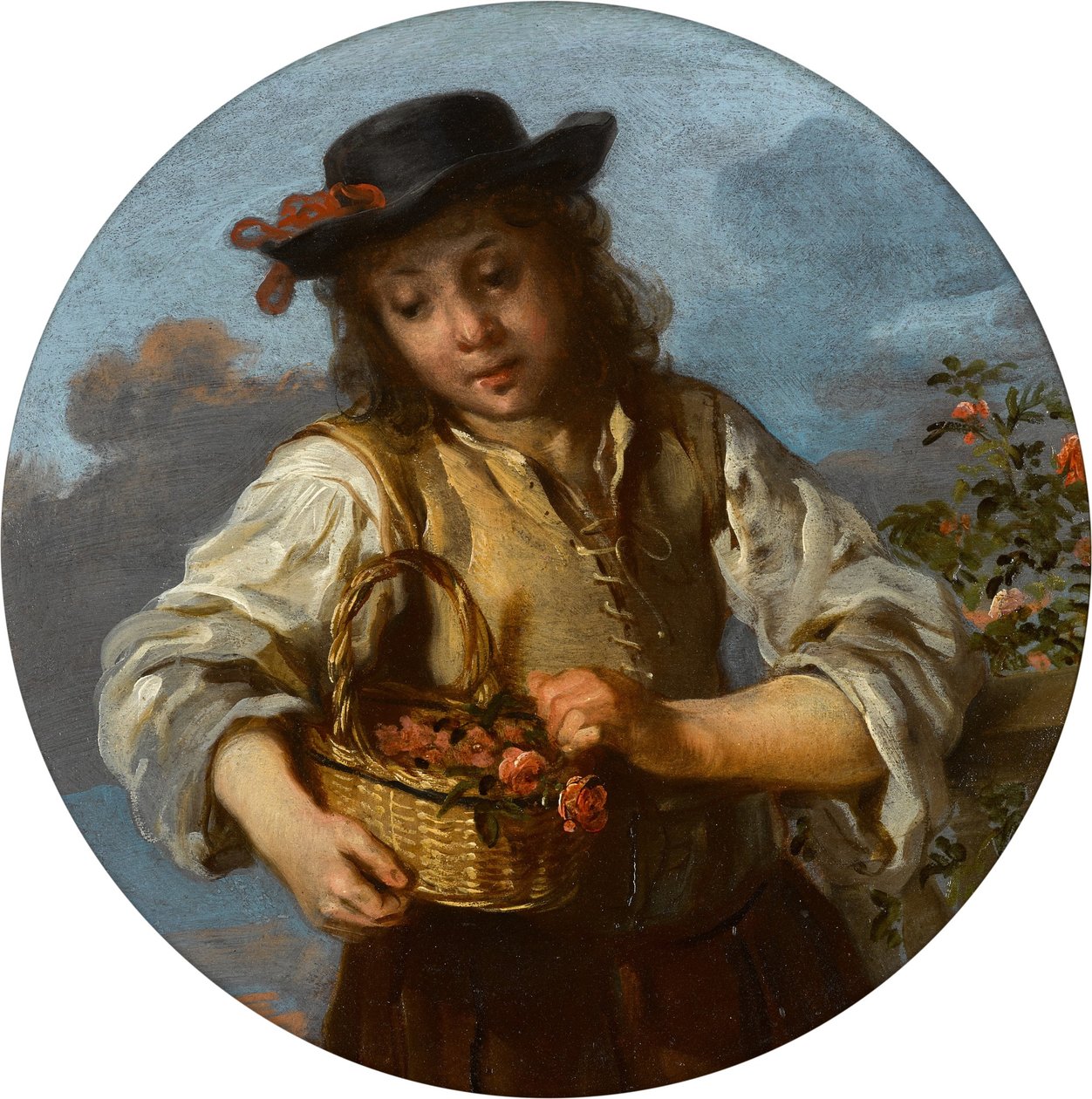 Un niño con una cesta de rosas de Bernhard Keil