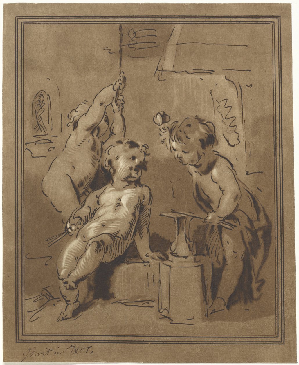 Tres putti en un yunque de Bernhard Schreuder