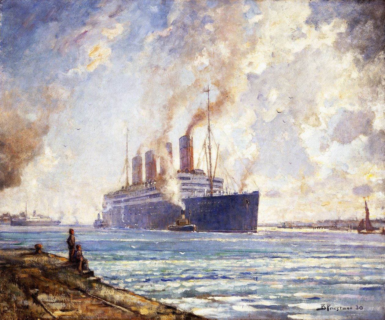 El Aquitania subiendo por Southampton Water de Bertram Priestman