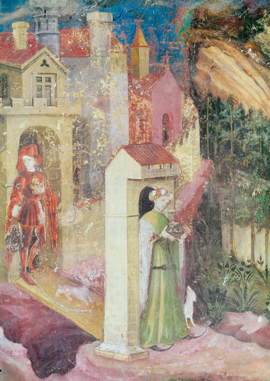 El mes de junio, detalle de una pareja paseando, c.1400 de Bohemian School