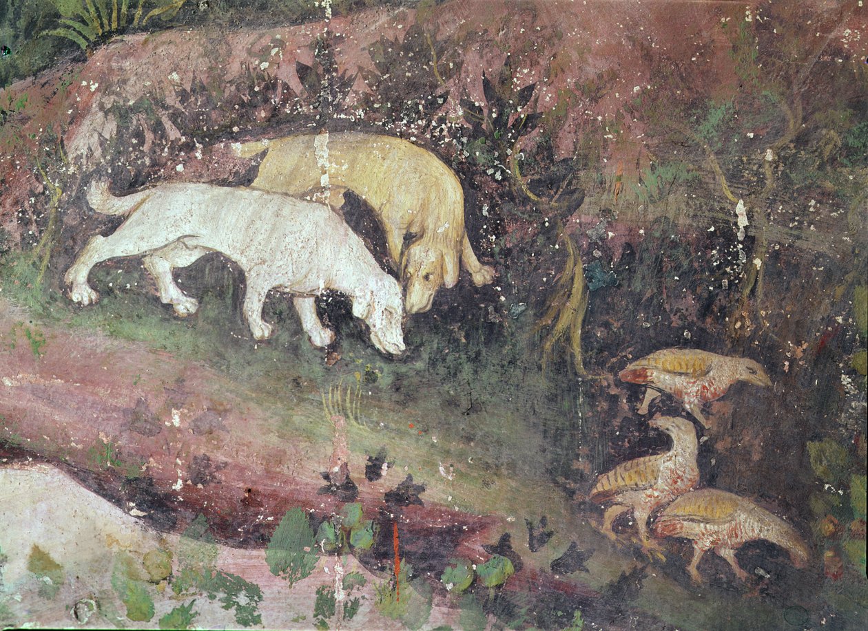 El mes de junio, detalle (perros y perdices), c.1400 de Bohemian School
