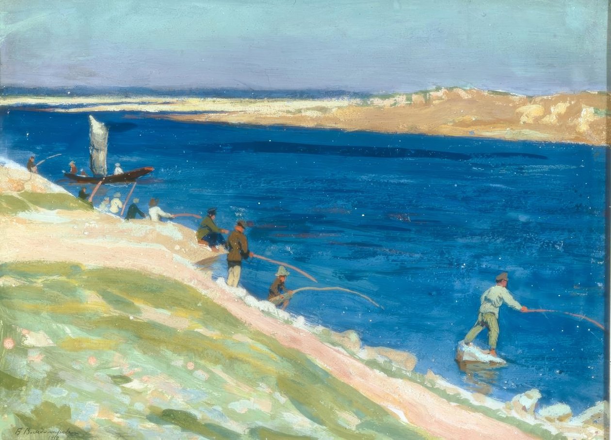 Paisaje fluvial con pescadores de Boris Jeremejewitsch Wladimirski