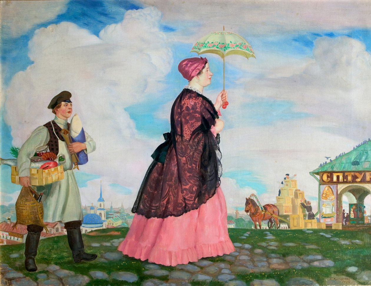 Mujer comerciante con compras, 1920 de Boris Mikhailovich Kustodiev