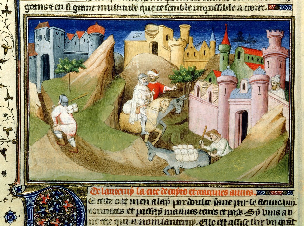 Ms Fr 2810 f.110v, Viajeros fuera de Pekín con Odorico de Pordenone, del 