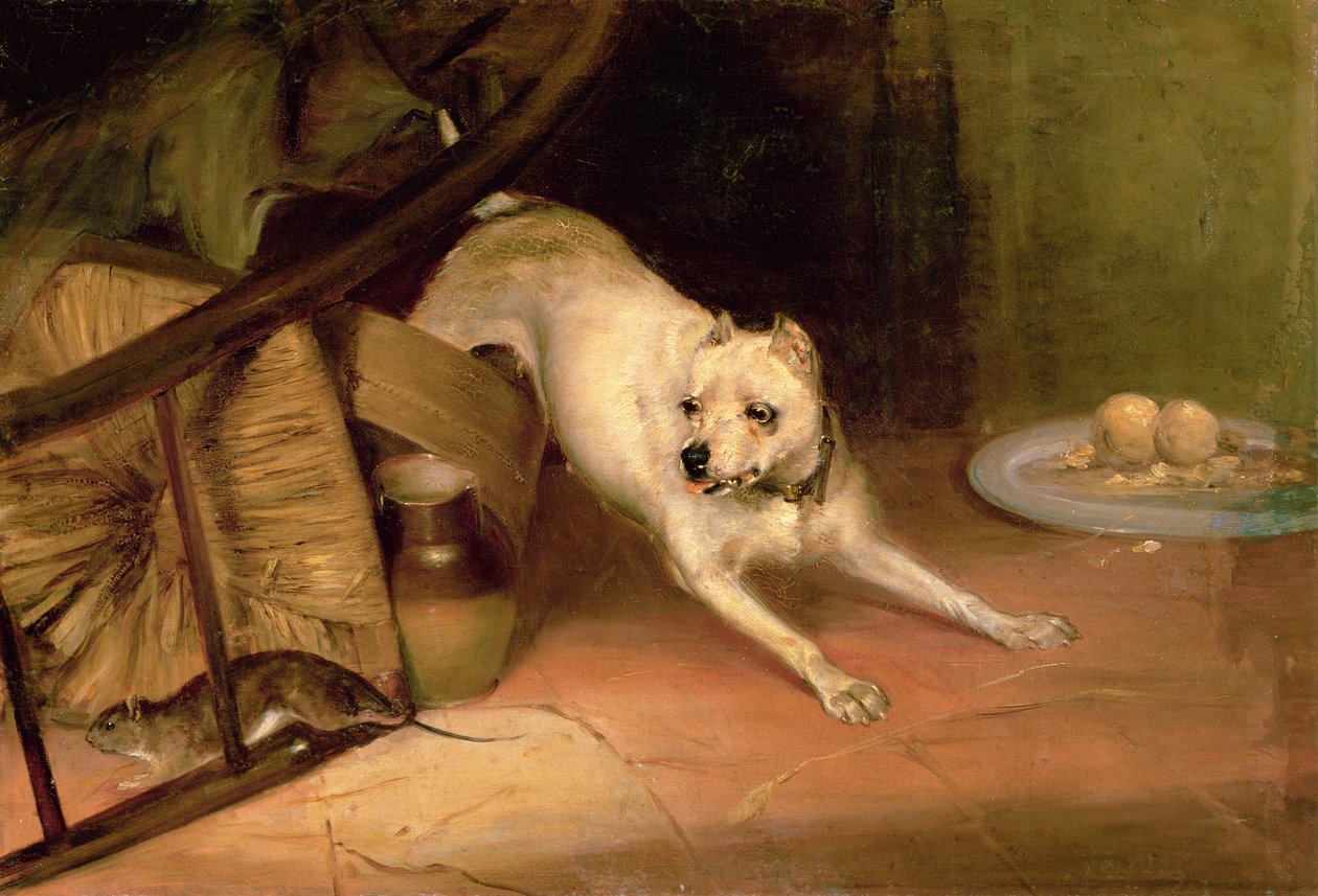 Perro persiguiendo a una rata de Briton Riviere