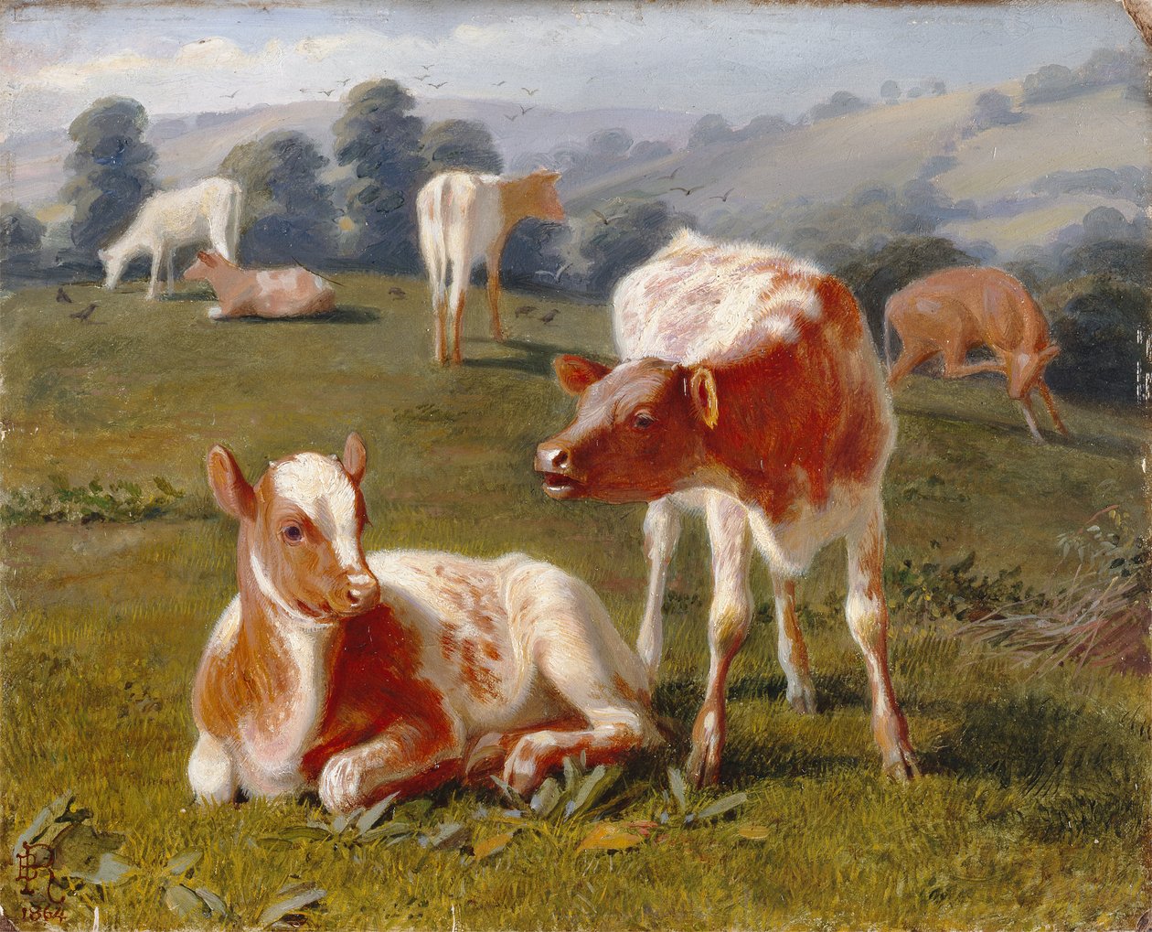 Terneros en un prado (óleo sobre cartón fresado) de Briton Riviere