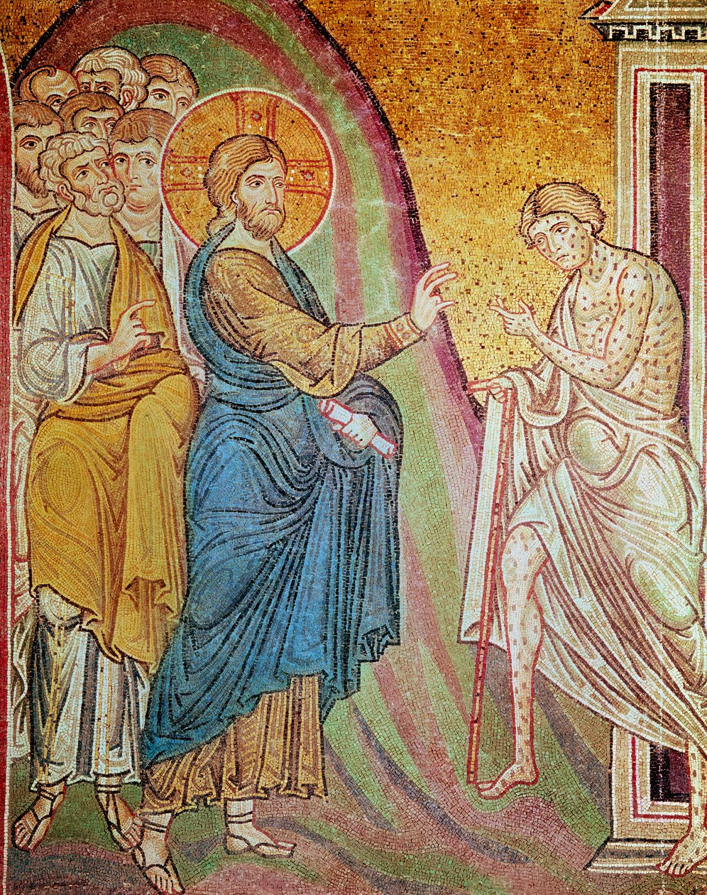 Jesús sanando a un leproso (mosaico) de Byzantine School