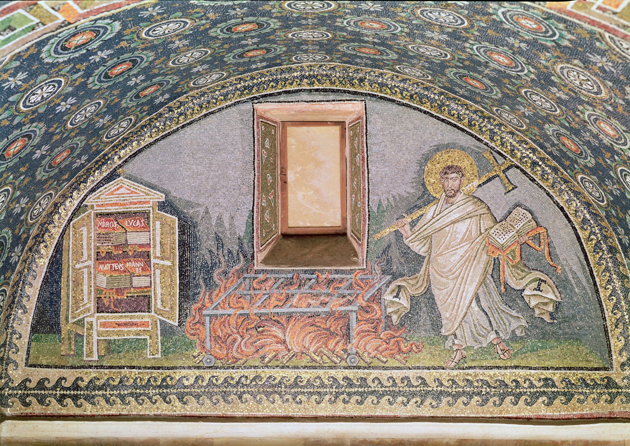 Probablemente San Lorenzo, martirizado en una parrilla de hierro (detalle) de Byzantine School
