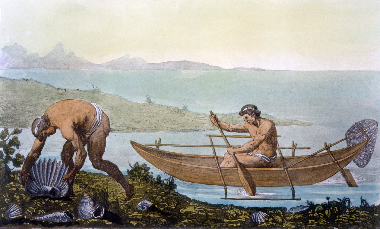 Pescador en una canoa y hombre recolectando conchas gigantes, Isla de Ubi, de 