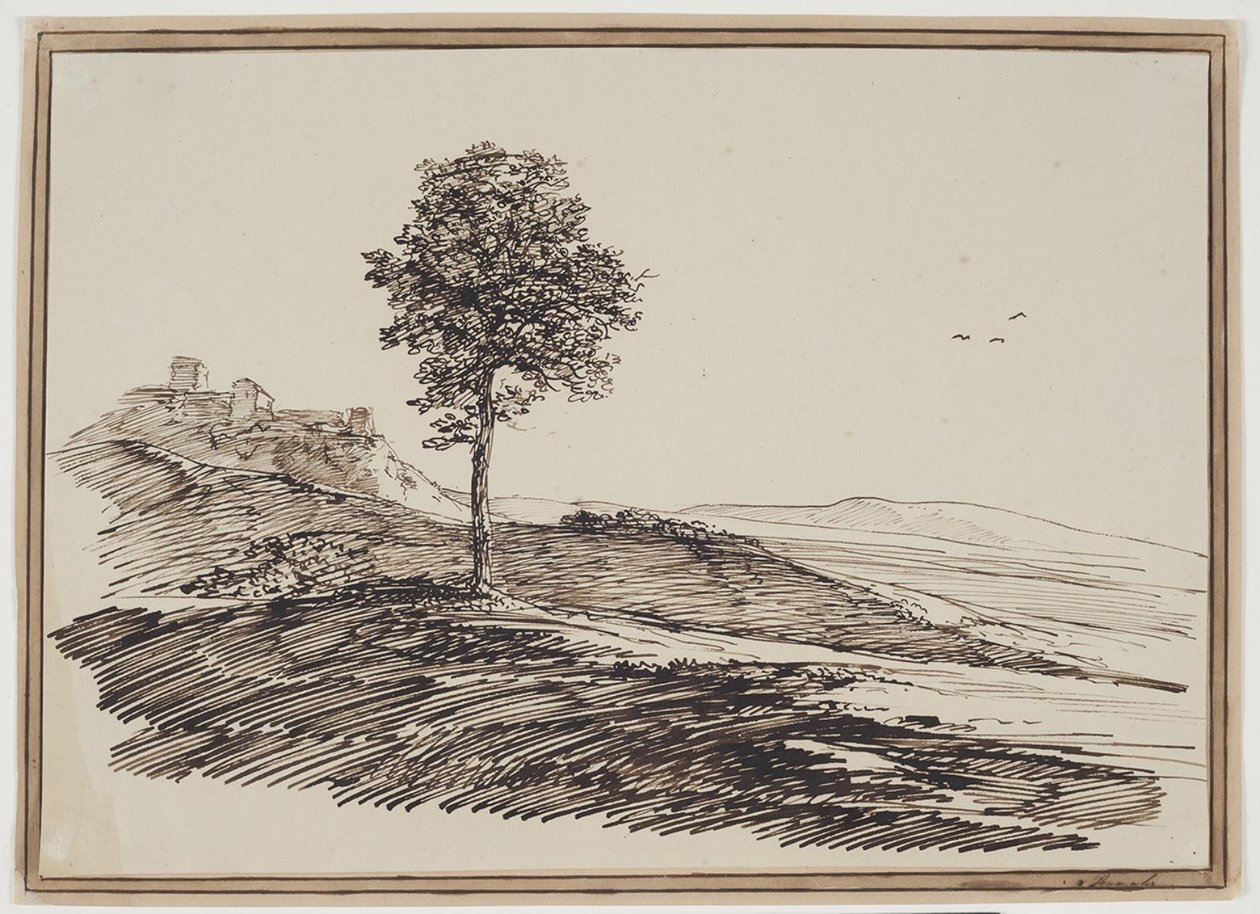 Paisaje montañoso con árboles, casas al fondo de C.F. von Rumohr