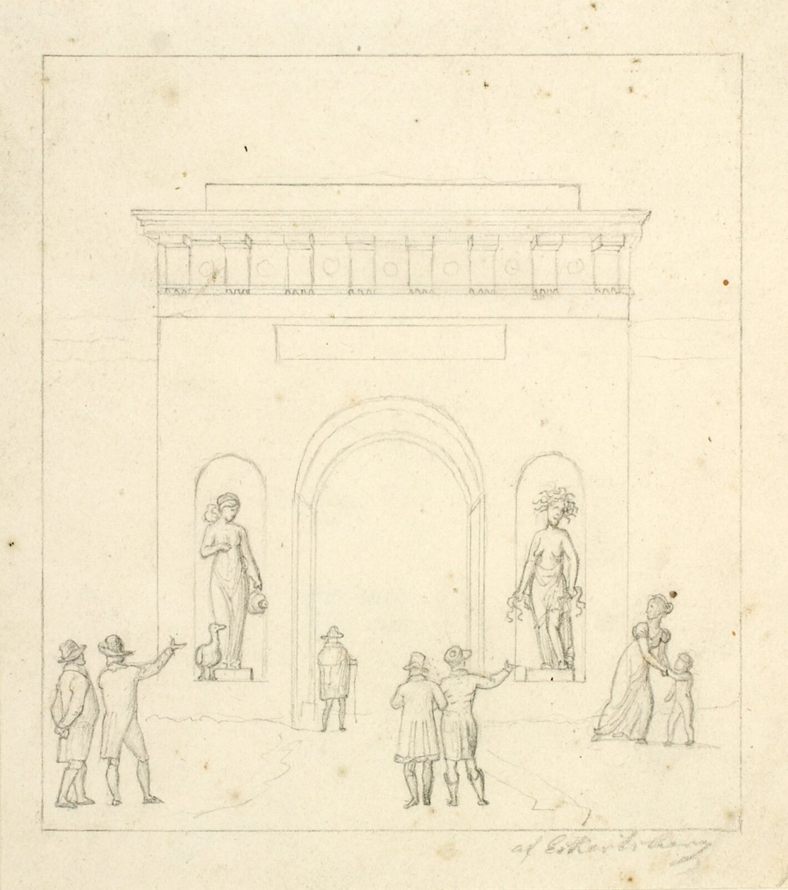Un arco de triunfo en primer plano con figuras de personal de Christoffer Wilhelm Eckersberg