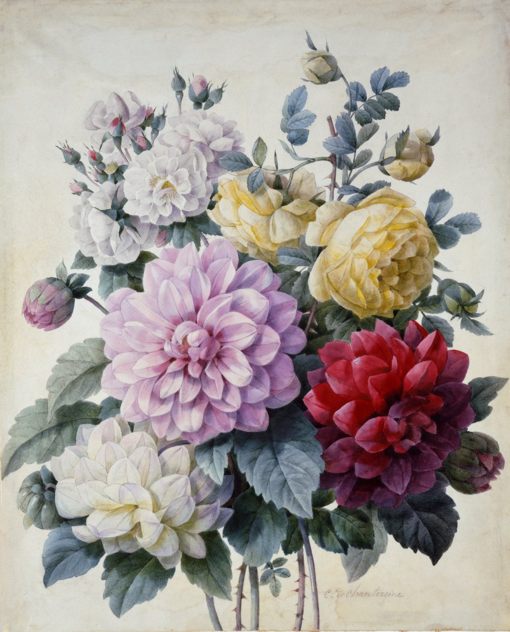 Ramo de flores, dalias y rosas, publicado c.1830-40 de Camille de Chantereine