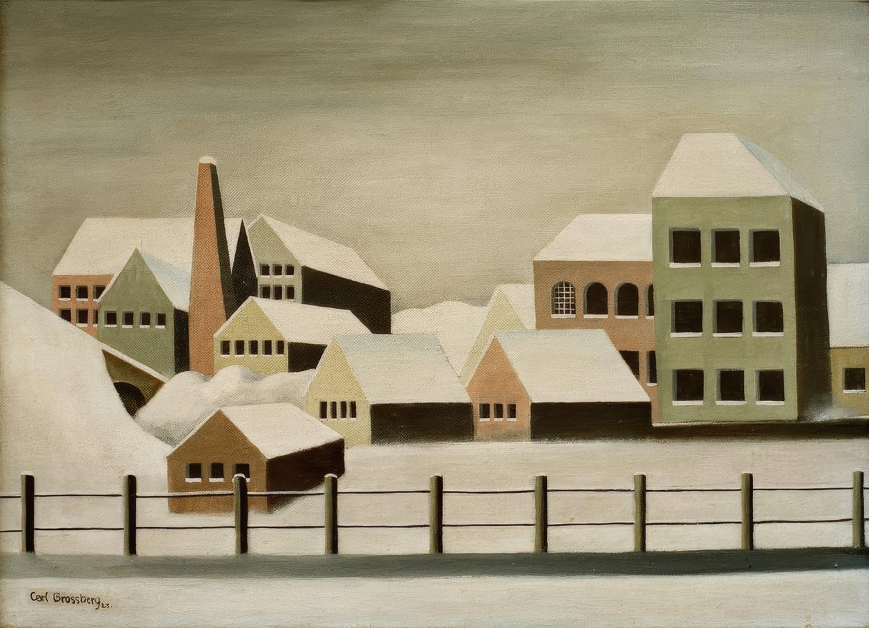 Paisaje de fábrica en la nieve de Carl Grossberg
