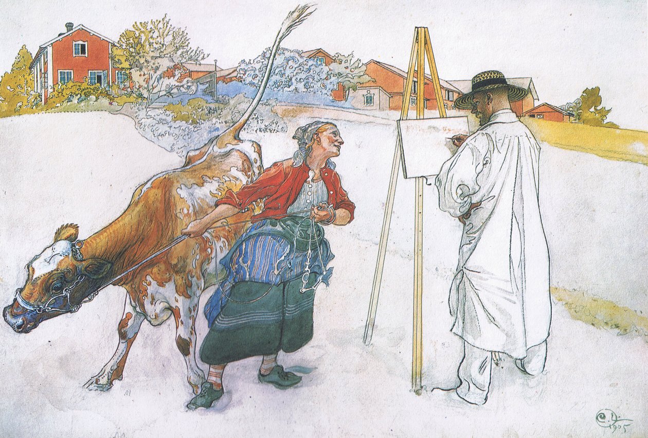 Entonces vino Joanna llevando a Blomma la vaca de Carl Larsson