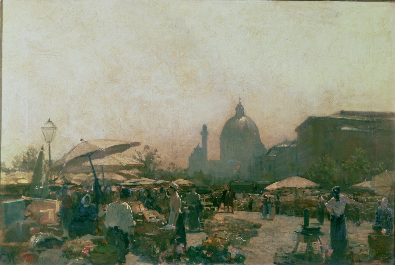 Un mercado con la Iglesia de San Carlos en la distancia, Viena, c.1894 de Carl Moll