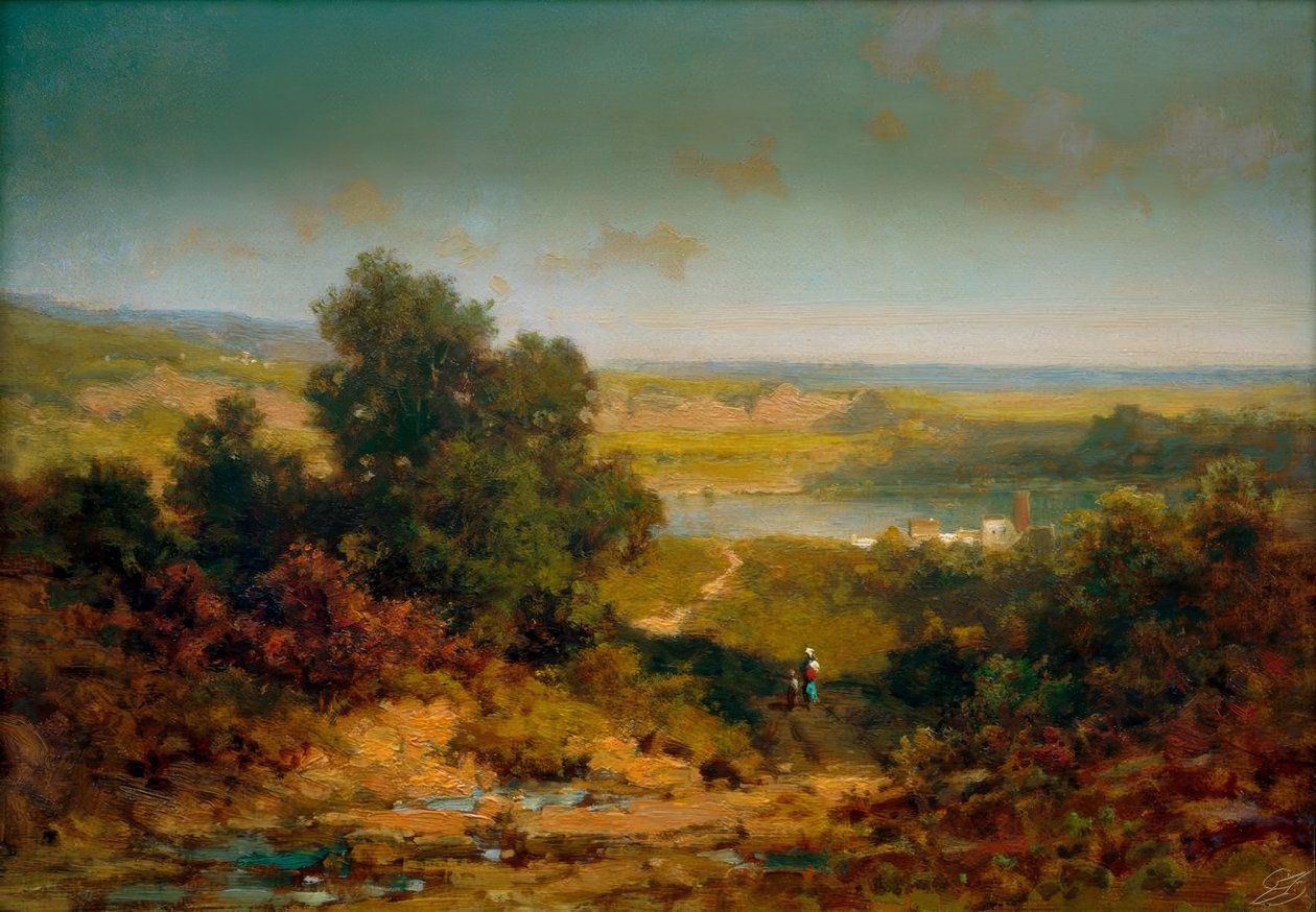 Paisaje con pueblo y río de Carl Spitzweg