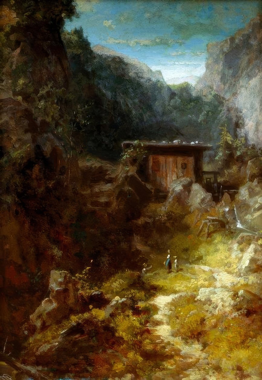 Molino en la montaña con tres figuras de Carl Spitzweg