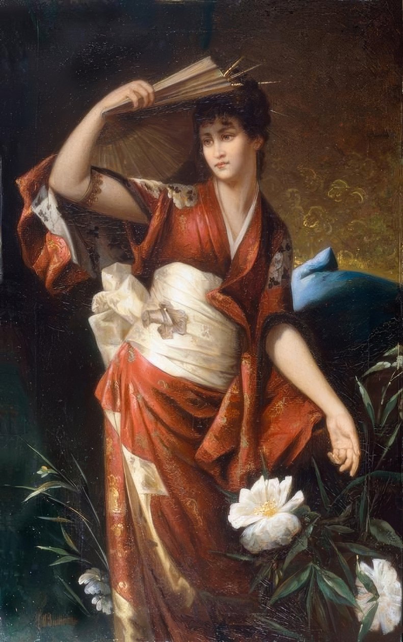 Retrato de una dama con traje japonés de Carl Buchner
