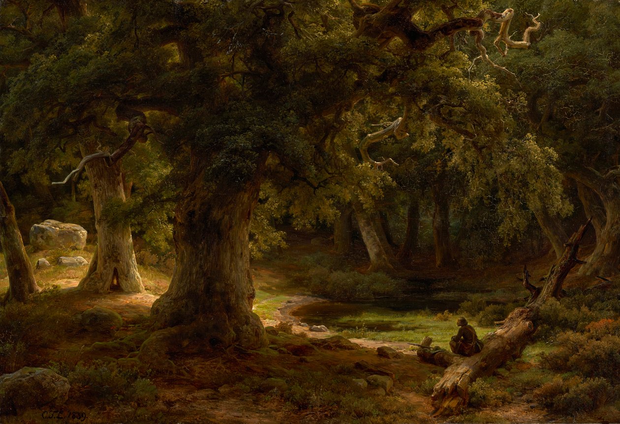 Bosque de robles con cazador descansando de Carl Friedrich Lessing