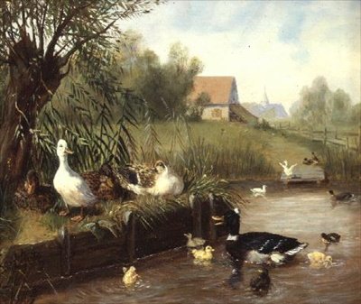 Patos en la orilla del río de Carl Jutz