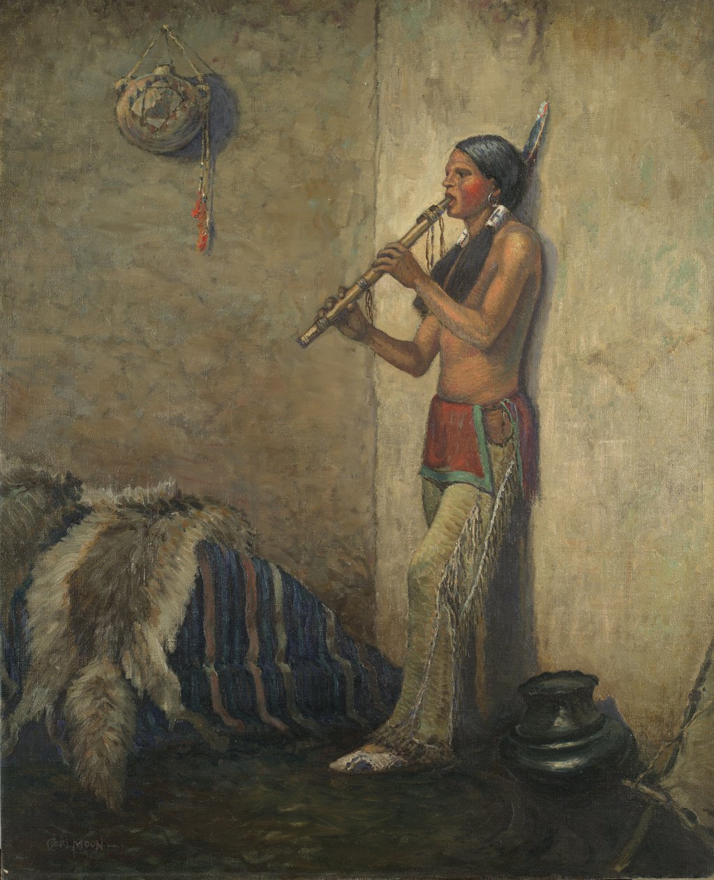 Indio con flauta (óleo sobre lienzo) de Carl Moon