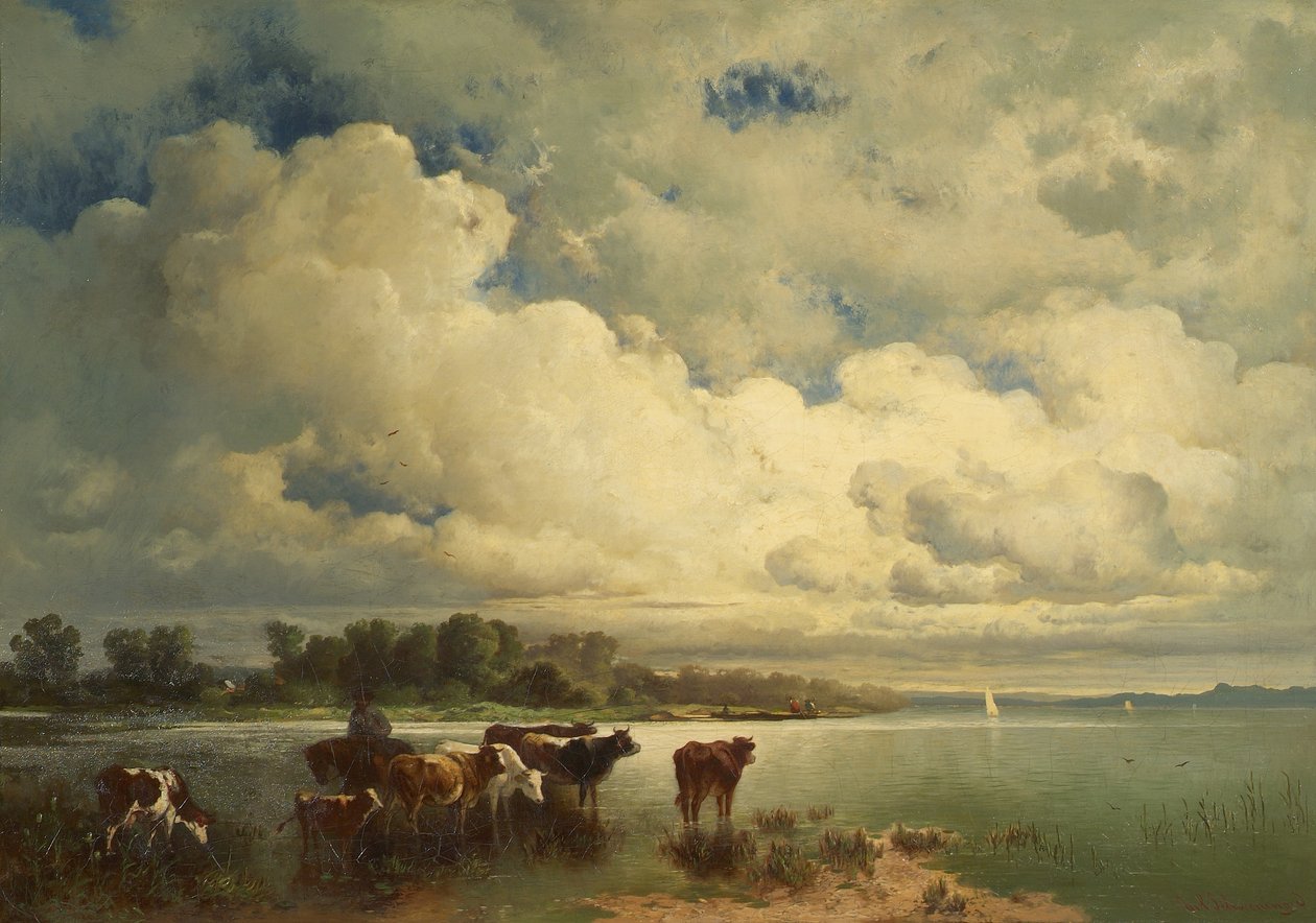 Paisaje de agua con vacas de Carl Schweninger d. Ä.
