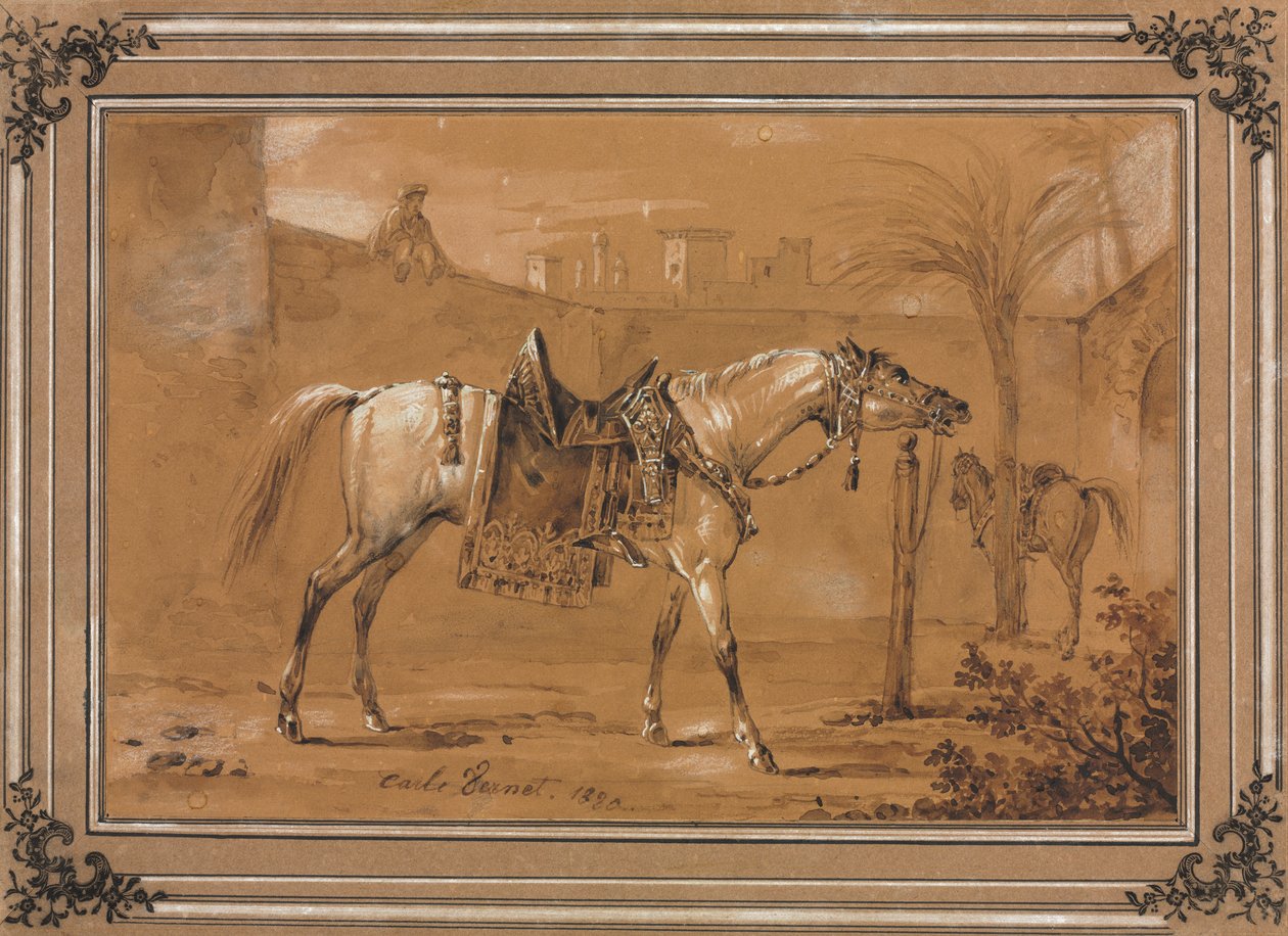 Caballo árabe ensillado en el patio de Carle Vernet