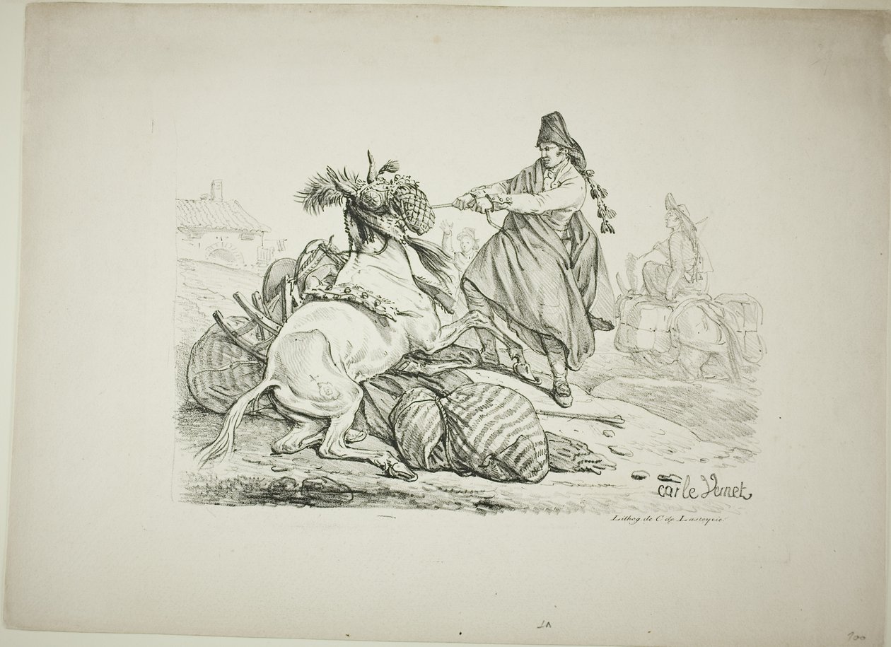 Arriero español levantando su mula de Carle Vernet