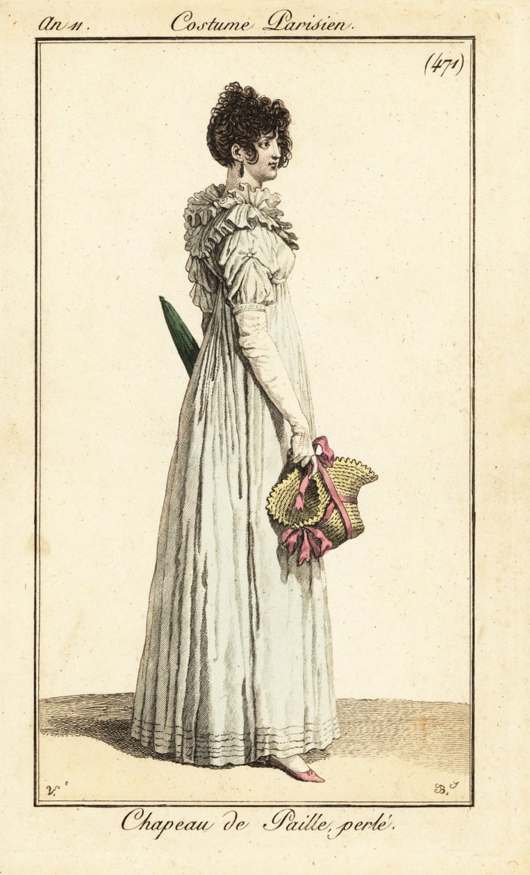 Mujer sosteniendo un sombrero de paja con cuentas, París de Carle Vernet