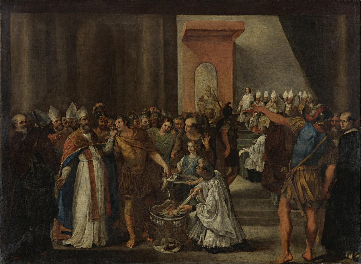 El emperador Constantino quemando libros arrianos, 1640s de Carlo Magnone