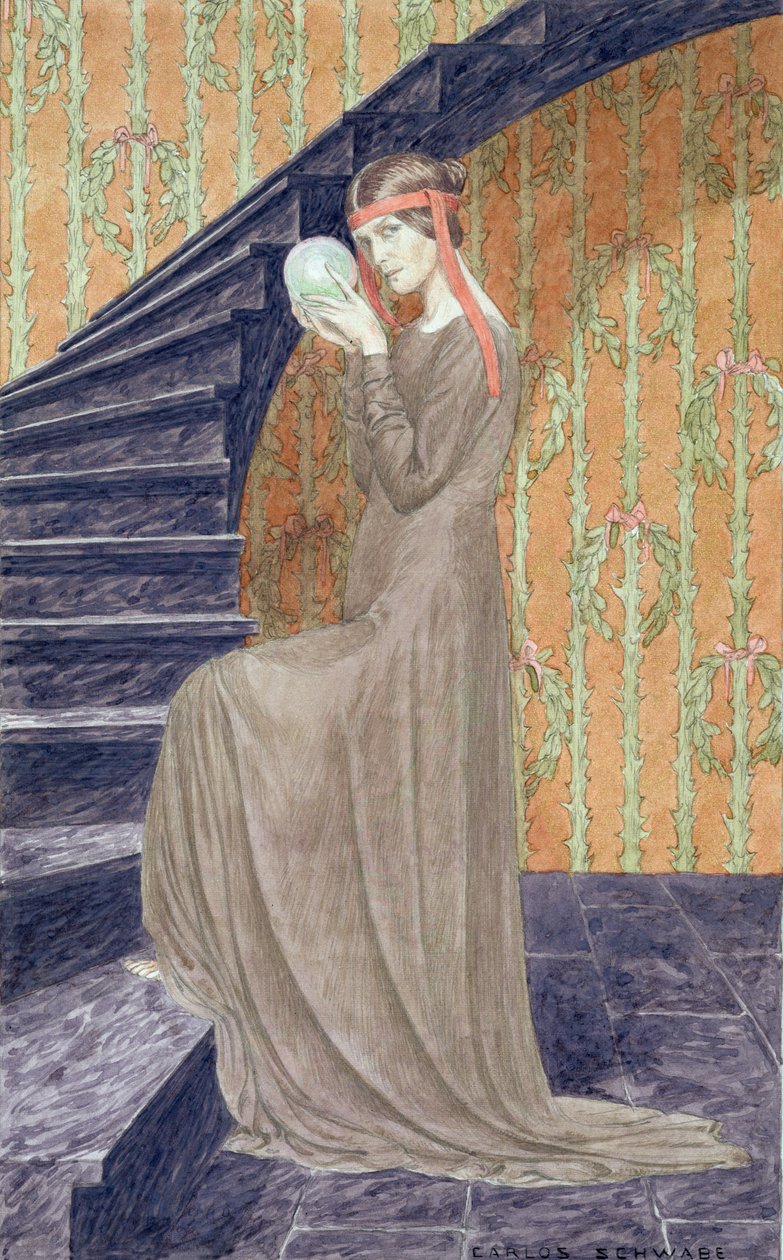 Joven mujer con vestido de estilo estético sosteniendo una esfera, 1894 de Carlos Schwabe