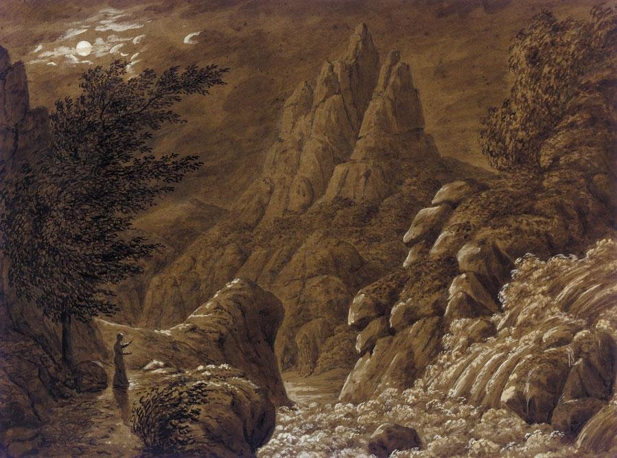 Paisaje montañoso ideal con cascada de Caspar David Friedrich