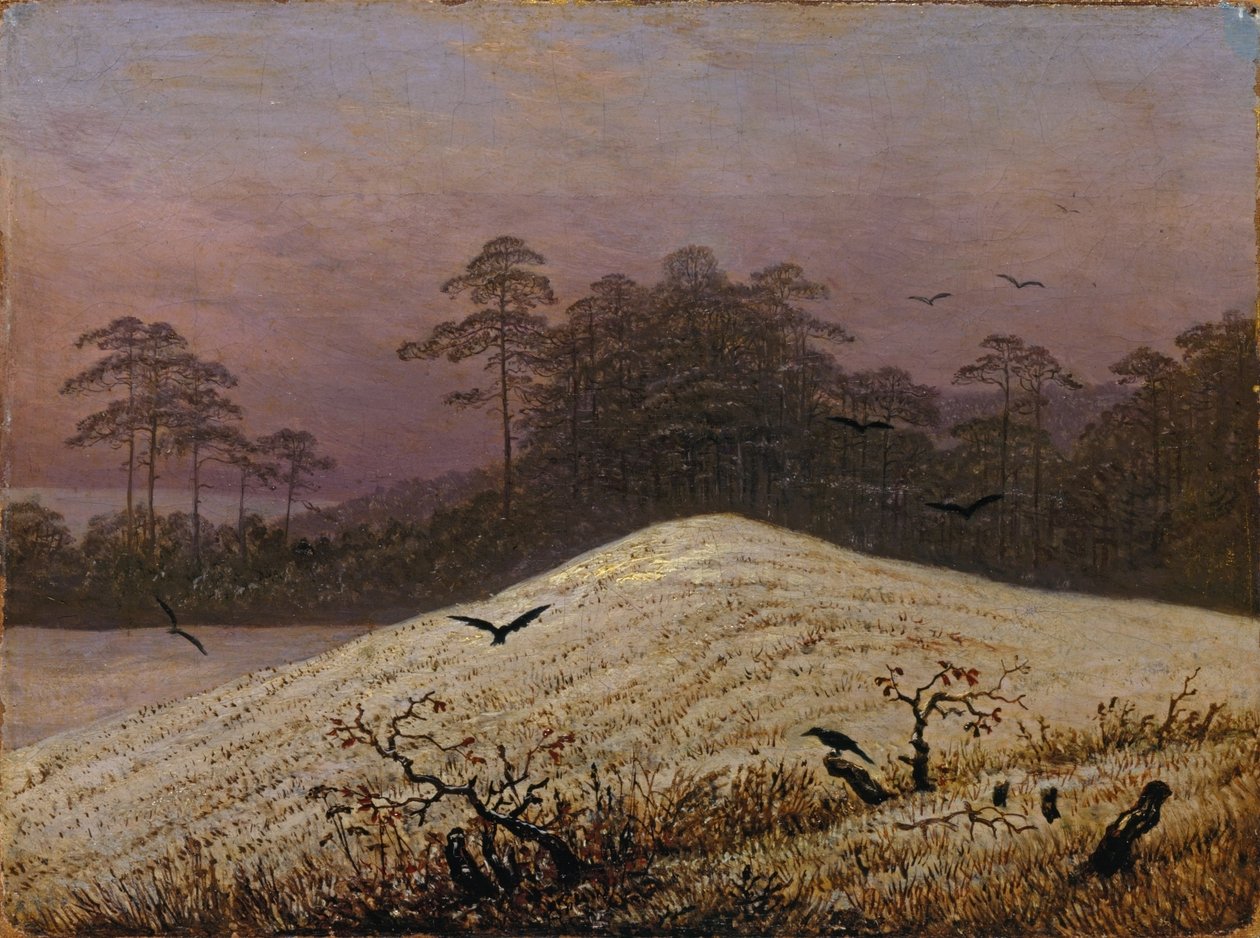 Colina nevada con cuervos de Caspar David Friedrich