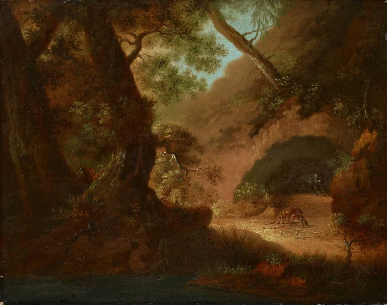 Lobos en el bosque frente a una cueva de Caspar David Friedrich