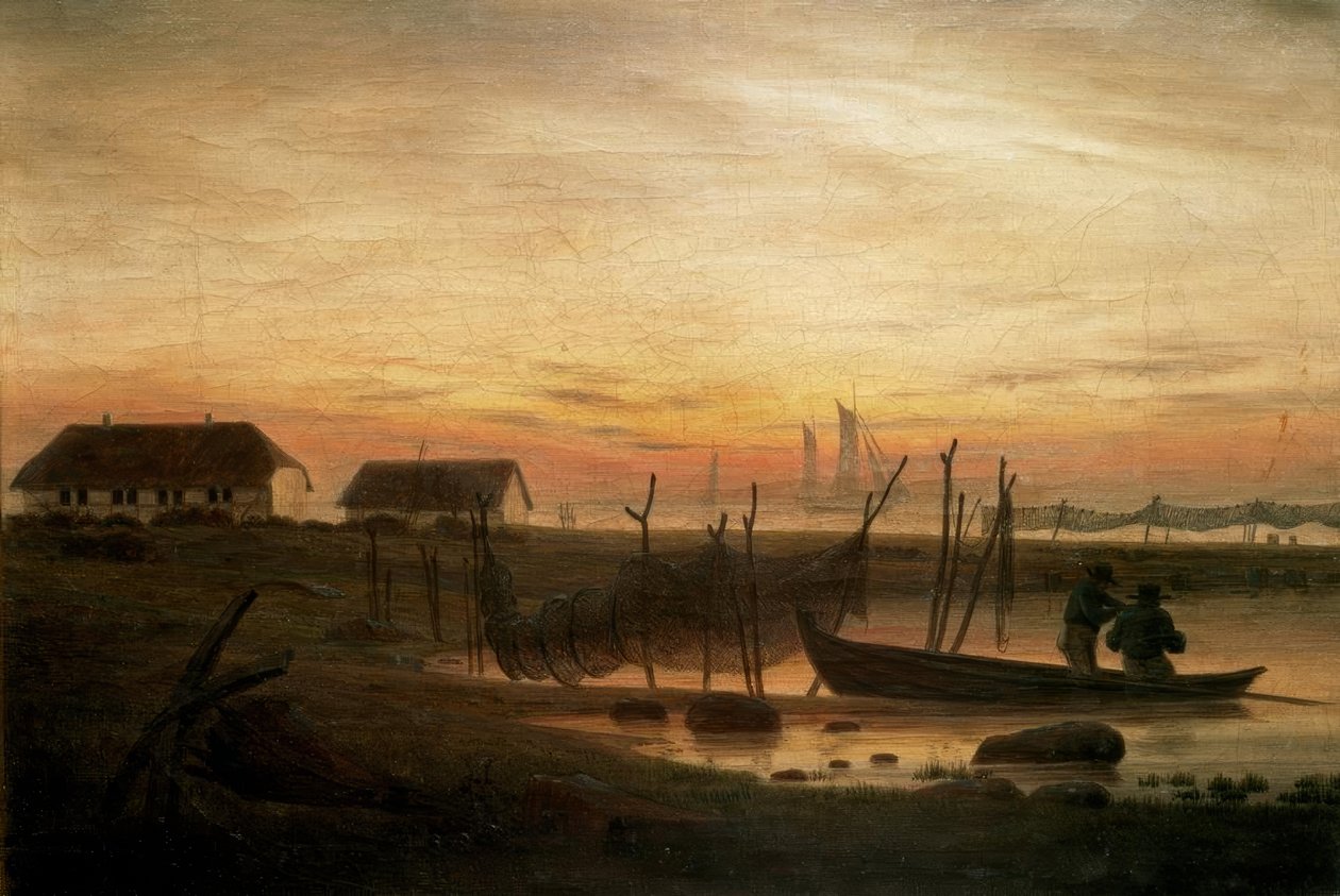 Paisaje costero al atardecer de Caspar David Friedrich
